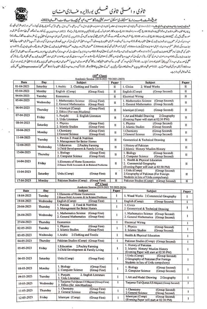 BISE Rawalpindi Board 11th Class Date Sheet 2024